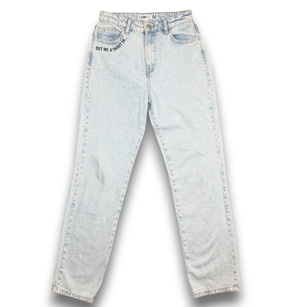FB Sister Jeans Womens M Blue Light Wash Los Angeles Graphic‎ Straight Leg Denim